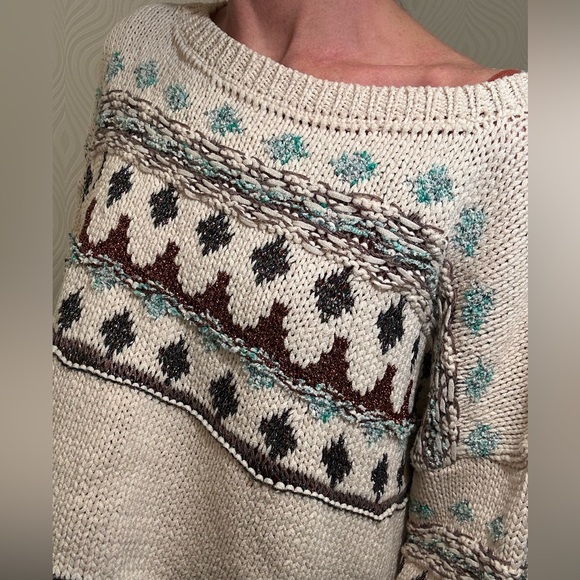 Zara Sweater Cream with Metallic & Regular Threads of Brown Blue Boxy Cut SMALL - Picture 4 of 15